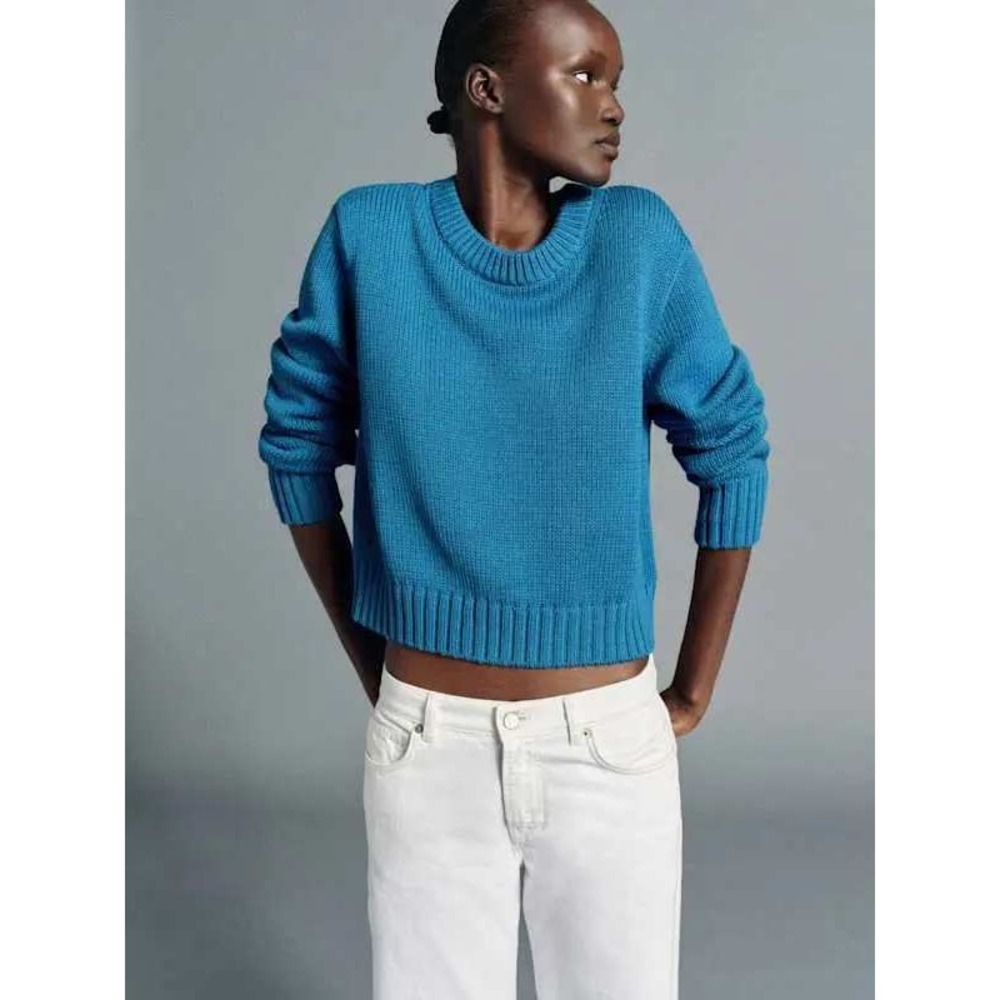 Reformation Eleni Cotton Crew Sweater Womens Small Cerulean Blue Crop Knit NWT